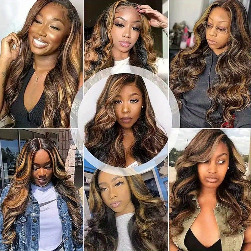 13x4 HD Transparent Lace Front Wig Brazilian Human Hair 4/27 Highlights Body Wave Curls 200% Density Glueless Wig for Women - Suitable for All Ethnicities & Light Beige Tones, Versatile Hairpiece | Elegant Hairpiece | Full Lu